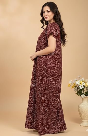 Bahumaan Pure Cotton Maxi for Women with Pocket Free Size | Small Print Nighty for Women Cotton | Maxi Gown for Women | Nighty for Women Stylish - Image 5