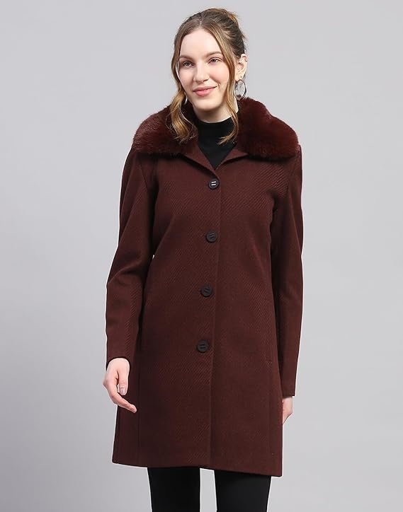 Monte Carlo Womens Wool Blend Hip Length Self Design Wine Notched Lapel Full Sleeve Coat - Image 7