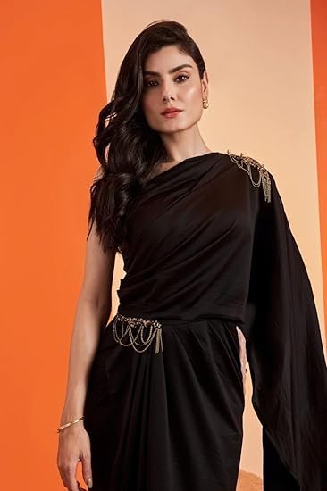 HarLiv One Shoulder Black Saree Gown Women - Party, Cocktail, Wedding Dress (Black) - Image 4
