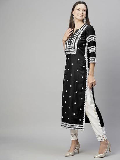 GoSriKi Women's Cotton Blend Embroidered Straight Kurta - Image 4