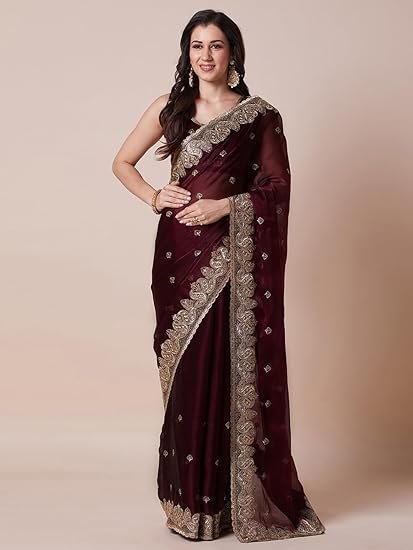 AKHILAM Women's Multicolor Organza Embroidered Saree With Unstitched Blouse Piece (MAYURI1001_AB_Parent) - Image 4