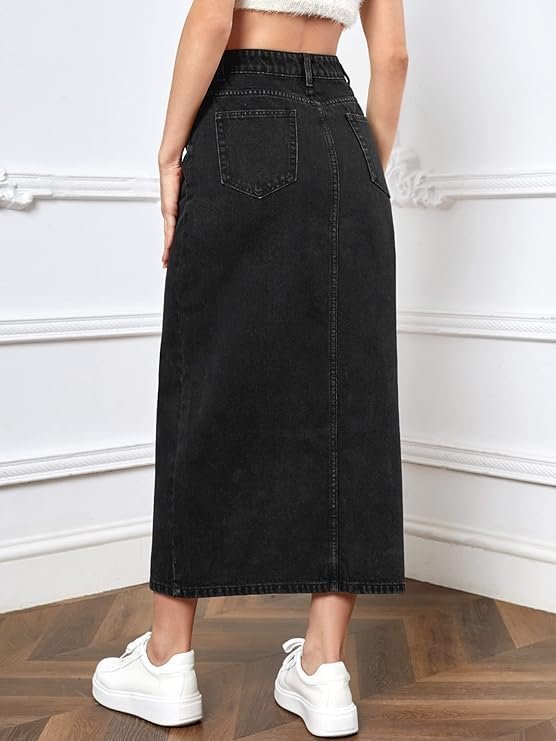 Aahwan Women's & Girl's Solid High Waist Slit Below The Knee Denim Skirt - Image 3