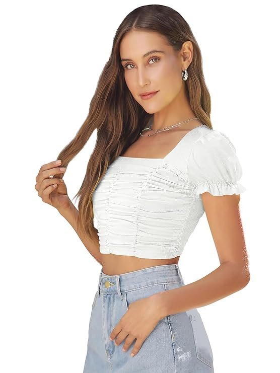Women's Solid | Floral Puff Sleeve Elastic Crop Top with Square Neckline Ruched Design Lightweight Stylish Top for Western Casual Everyday Wear - Image 7
