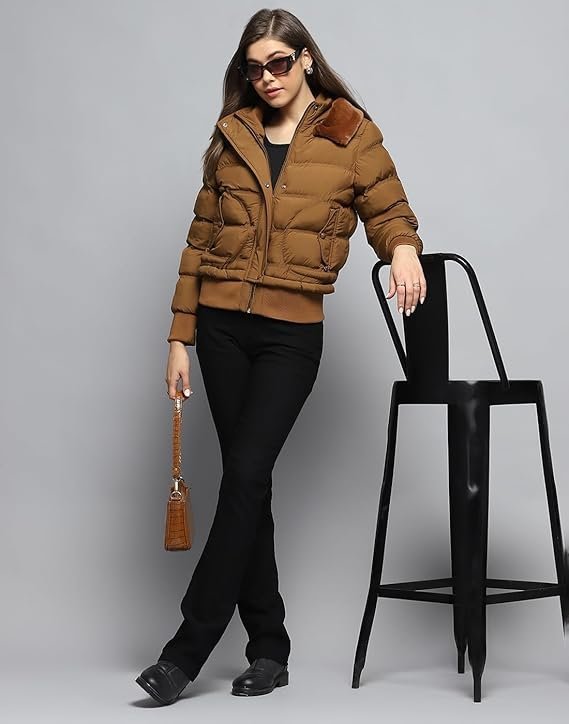 Monte Carlo Womens Self Design Tan Collar Neck Full Sleeve Jacket - Image 2
