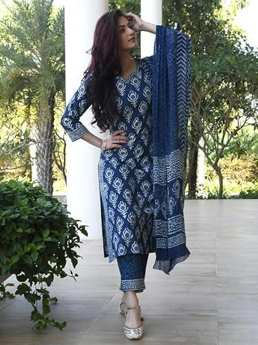 Pinkmint Indigo Printed Kurta Set for Women ll Kurta Pant & Dupatta Suit Set - Image 5