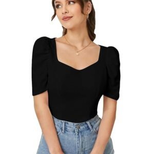 Dream Beauty Fashion Women's Sweet Heart Neck Balloon/Puff Bishop Sleeve Elegant Casual Tee Top, 23" inches (BZF-Top Mantos-01)