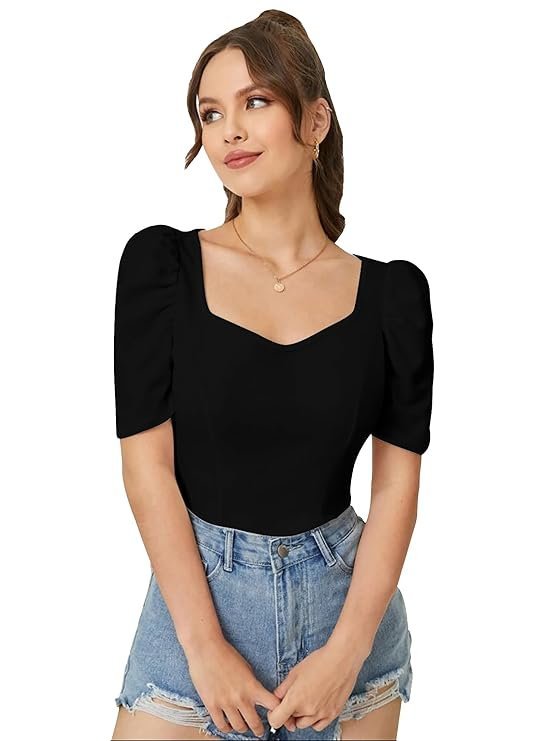 Dream Beauty Fashion Women's Sweet Heart Neck Balloon/Puff Bishop Sleeve Elegant Casual Tee Top, 23" inches (BZF-Top Mantos-01)