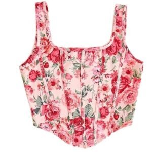 Floral Print Corset Crop Top, Blue Rose Pattern, Sleeveless Tank Top with Wide Straps