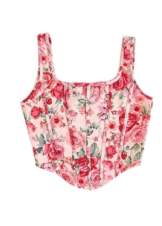 Floral Print Corset Crop Top, Blue Rose Pattern, Sleeveless Tank Top with Wide Straps