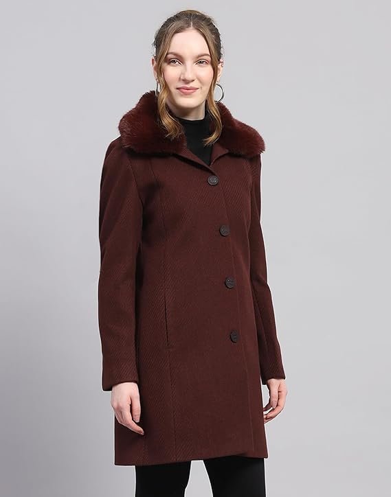Monte Carlo Womens Wool Blend Hip Length Self Design Wine Notched Lapel Full Sleeve Coat - Image 5