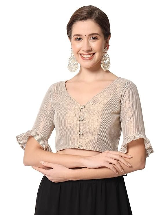 studio rasa Women's Shimmer Stripe Button Down Crop Top for Festive Wedding Party