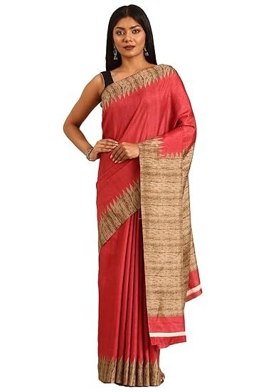 TAASHI Stylish Women Tussar Saree Temple Border Printed Body Traditional Temple Border Plain Pallu Plain Blouse