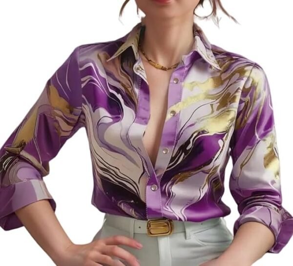 IndoPrimo Women's Satin Shirt with Long Sleeves Western Style Spread Collar Neck Relaxed Fit Abstact Printed Pattern and Standard Length - Image 7
