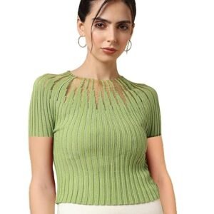 ICW Women Knit Rhinestone Embellised Mesh Crop Top T-Shirt (One Size Bust 28-34 Inch XS-S) 107
