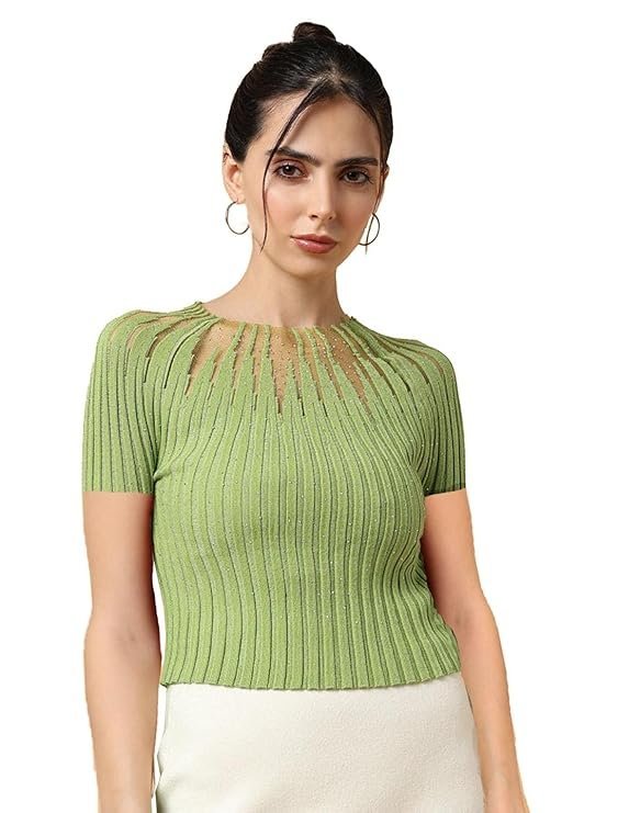ICW Women Knit Rhinestone Embellised Mesh Crop Top T-Shirt (One Size Bust 28-34 Inch XS-S) 107