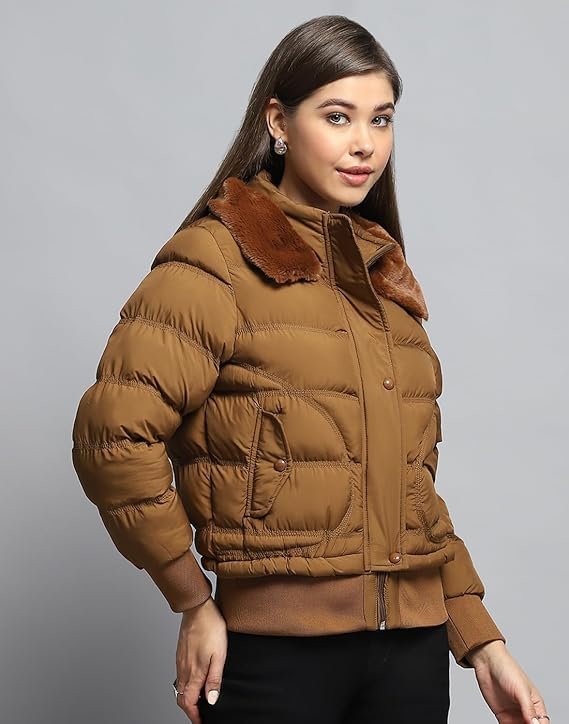 Monte Carlo Womens Self Design Tan Collar Neck Full Sleeve Jacket - Image 4
