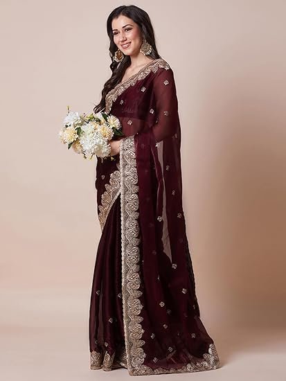 AKHILAM Women's Multicolor Organza Embroidered Saree With Unstitched Blouse Piece (MAYURI1001_AB_Parent) - Image 5