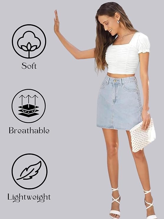 Women's Solid | Floral Puff Sleeve Elastic Crop Top with Square Neckline Ruched Design Lightweight Stylish Top for Western Casual Everyday Wear - Image 6