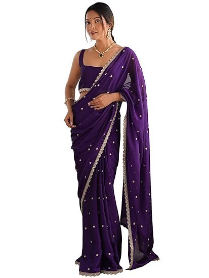 AKHILAM Women's Pure Georgette Embroidered Saree With Unstitched Blouse Piece