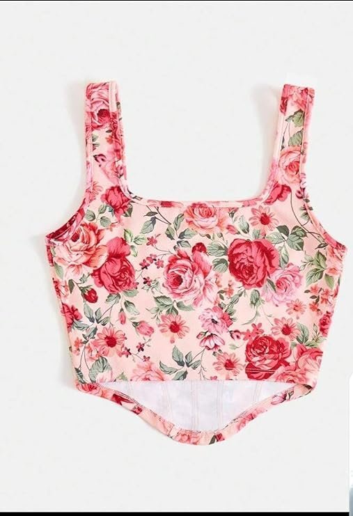 Floral Print Corset Crop Top, Blue Rose Pattern, Sleeveless Tank Top with Wide Straps - Image 5