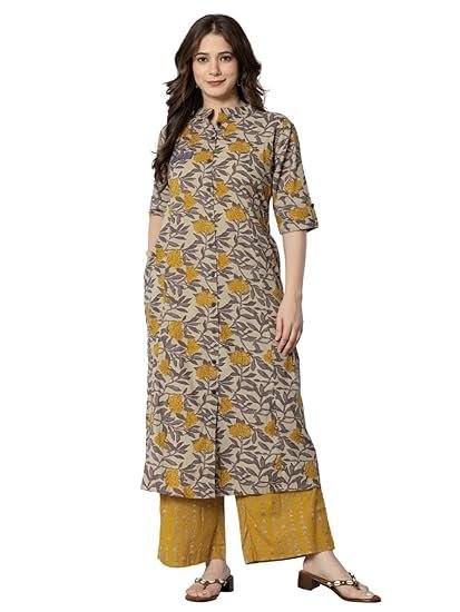 rytras Women's Cotton Printed A-Line Kurta with Palazzo Pant Set