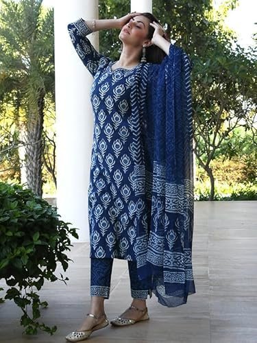 Pinkmint Indigo Printed Kurta Set for Women ll Kurta Pant & Dupatta Suit Set - Image 2