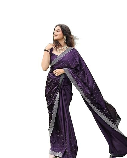Yashika Women's Hot Fix Solid Color Satin Moss Saree with Unstitched Blouse Material - Image 2