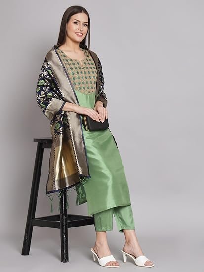 VredeVogel Women's Cotton Silk Blend Kurta Pant Set with Banarasi Silk Dupatta