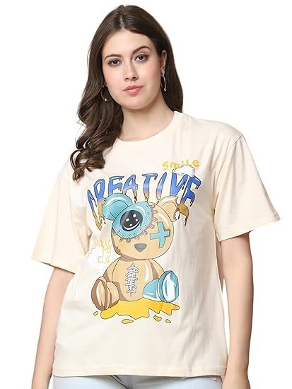 Fabflee Pure Cotton Oversized Baggy Fit Drop Shoulder Latest Aesthetic & Cool Graphic Printed Half Sleeve Tshirt for Women |Trendy Tees |Casual Loose Korean T-Shirt