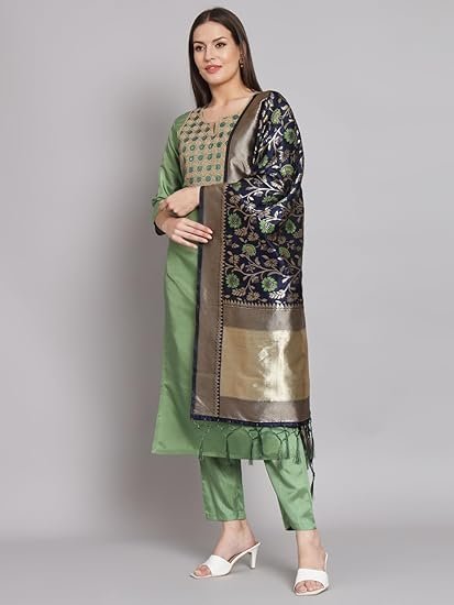 VredeVogel Women's Cotton Silk Blend Kurta Pant Set with Banarasi Silk Dupatta - Image 4