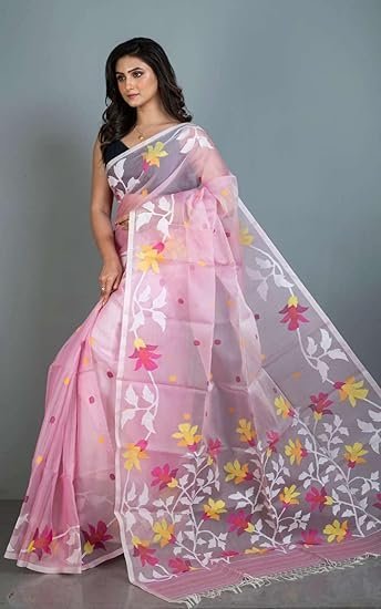 BENGAL LOOMS INDIA Muslin Silk Dhakai Jamdani Saree in Lemonade Pink & Off White in Multicolored Minakari Thread Work for Women Hand Woven Floral Nakashi Work Rich Texture Smooth Finish Indian Sari - Image 4