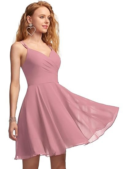 Istyle Can Solid A-Line V-Neck Chiffon Homecoming & Prom Party Dress – Short Ruffle Mini Cocktail Dress with Spaghetti Straps, Back Zip and Lining
