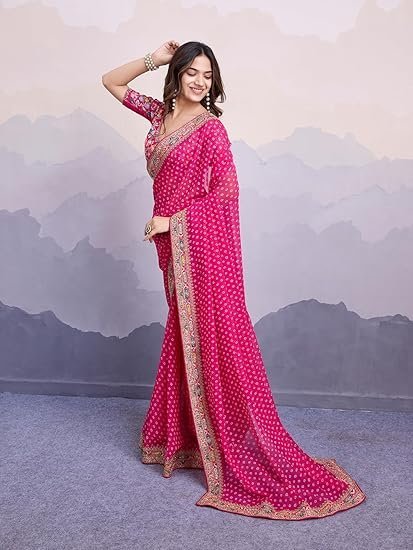 Ekasya Women Georgette Pink Geometric Pattern Printed Embroidery Saree with Unstitched Blouse (E6253_1) - Elegant and Intricate Embroidery - Image 2