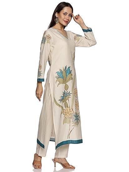 RAJMANDIRFABRICS Women's Cotton Hand Block Printed with Thread Work Straight Kurta Pant with Dupatta Set - Image 3