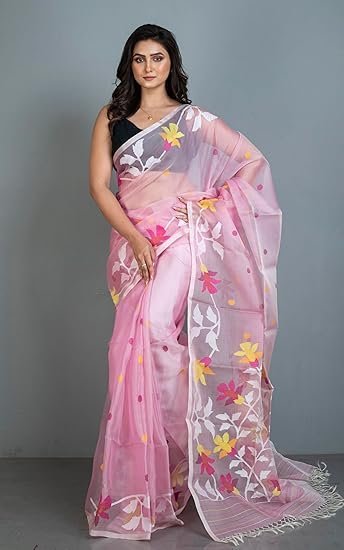 BENGAL LOOMS INDIA Muslin Silk Dhakai Jamdani Saree in Lemonade Pink & Off White in Multicolored Minakari Thread Work for Women Hand Woven Floral Nakashi Work Rich Texture Smooth Finish Indian Sari - Image 3