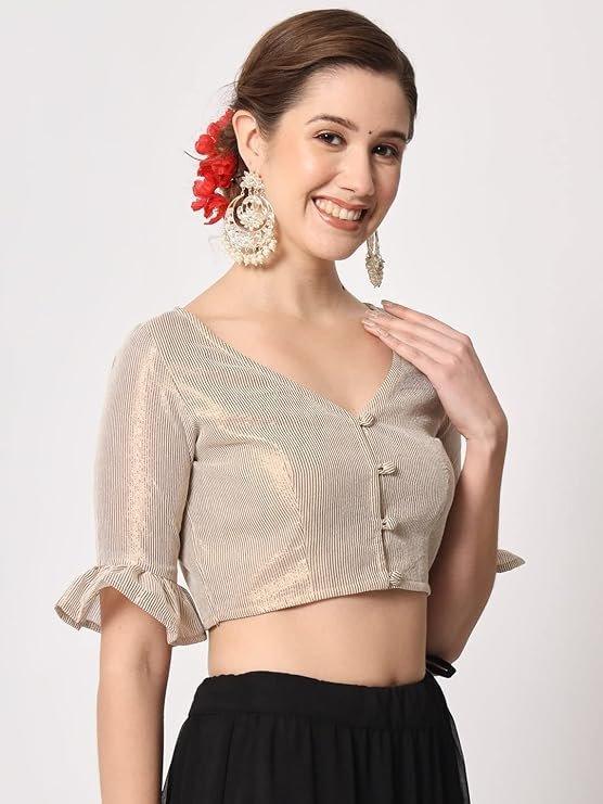 studio rasa Women's Shimmer Stripe Button Down Crop Top for Festive Wedding Party - Image 4