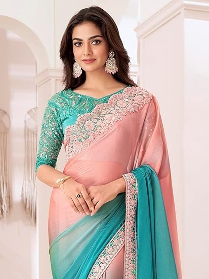 AKHILAM Women's Pure Chiffon Embellished Saree With Unstitched Blouse (SNDLWOD1301_TFH_Parent) - Image 5