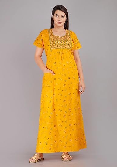 DIAMO Pure Cotton Embroidery Nighty for Women's | Night Gown | Nighty | Nightdress | Maxi | Sleepwear | Jaipuri Nighty | Nighties | Cotton Night Gown with a Pocket and Adjustable Knot - Image 3