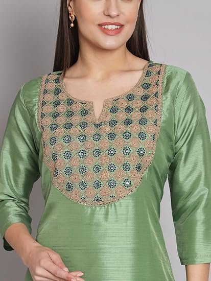 VredeVogel Women's Cotton Silk Blend Kurta Pant Set with Banarasi Silk Dupatta - Image 3