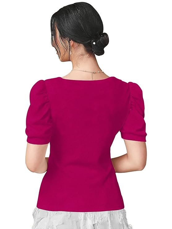 Dream Beauty Fashion Women's Polyester Slim Fit Puff/Balloon Bishop Sleeve Elegant Casual Tee Top, 23" Inches - (Top Paris-01) - Image 3