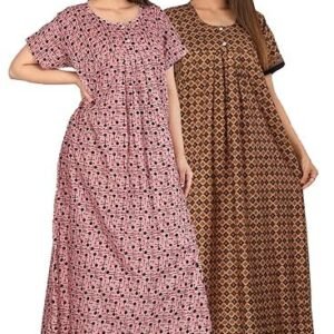 Kuruti B Sheets Nighty for Women Cotton Combo (Pack of 2) Nighty Gown Round Neck Short Sleeves Jaipuri Maxi Gown Printed Free Size