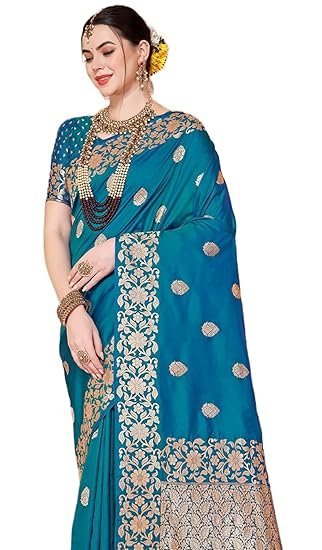 SWORNOF Women's kanjivaram banarasi silk saree Zari Woven for festival Wedding silk with rich pallu Design sarees for women with Unstitched blouse piece
