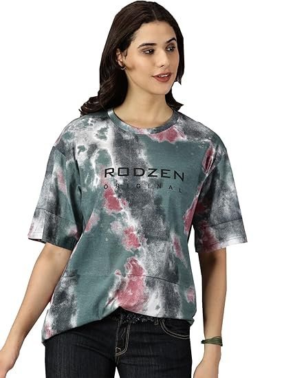 RodZen Oversized | Loose Fit | Half Sleeves 100% Cotton Round Neck Tie-Dye Printed T-Shirt for Womens/Girls