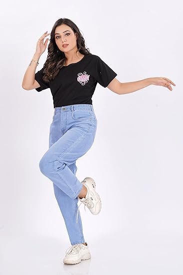 Women's Mom Fit Jeans I Denim Ankle Length Stretchable Pant with Curved Pocket I Clean Solid High Waist Loose Fit Pants I Stylish & Trendy Look I for Office Party Home Girls & Women - Image 6