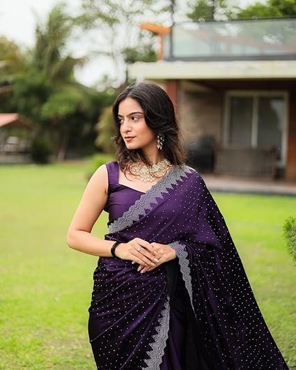Yashika Women's Hot Fix Solid Color Satin Moss Saree with Unstitched Blouse Material