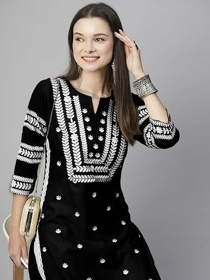 GoSriKi Women's Cotton Blend Embroidered Straight Kurta