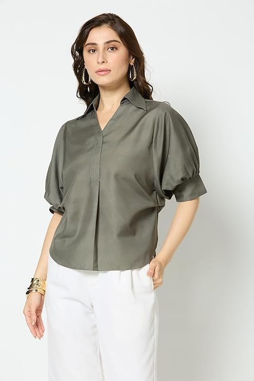 Women's Regular Fit Abstract Print V-Neck Top | Gathered Sleeves | Casual & Semi-Formal Wear | Stylish Tunic for Office, Brunch - Image 2