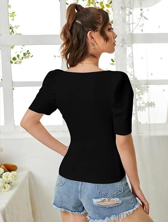 Dream Beauty Fashion Women's Sweet Heart Neck Balloon/Puff Bishop Sleeve Elegant Casual Tee Top, 23" inches (BZF-Top Mantos-01) - Image 3
