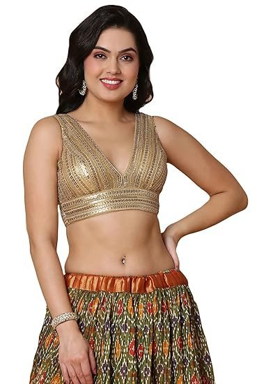 S SALWAR STUDIO Women's Gold Net Readymade Saree Blouse-SSB4526-GOLD