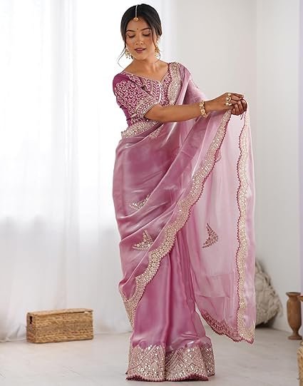 SIRIL Women's Organza Sequence Embroidery Scollped Border Saree With Unstitched Blouse Piece - Image 4